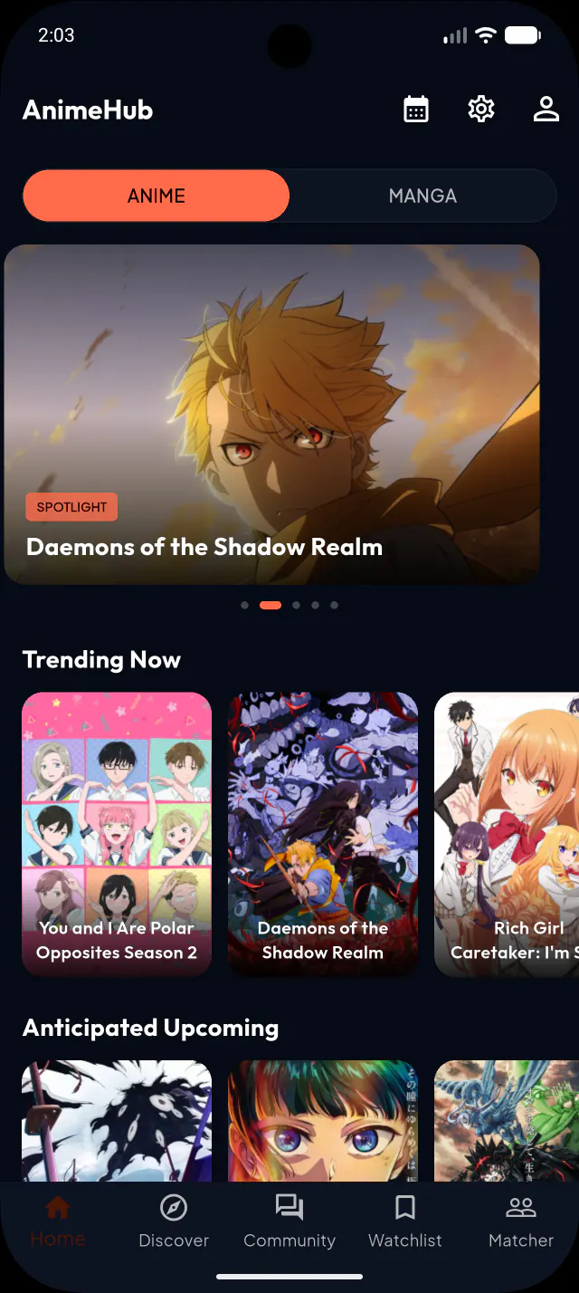 AnimeHub mobile application home screen showing seasonal anime categories and personalized watchlist